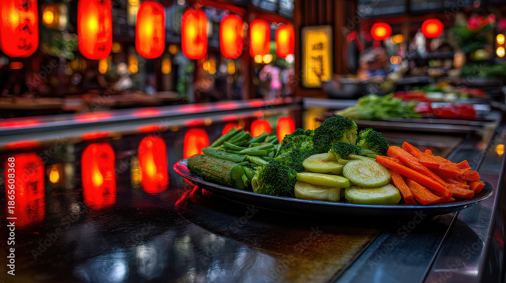 Obraz premium Fresh vegetables arranged beautifully on plate in vibrant teppanyaki setting in bustling Chinese market create delightful culinary experience