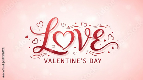 A Valentine's Day vector graphic illustration with a red love text and hearts on pink background