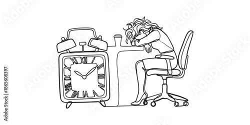 Minimalist continuous line art illustration of a tired businesswoman sleeping on office desk with a giant alarm clock. Concept of burnout, exhaustion, deadline pressure, and overworking.