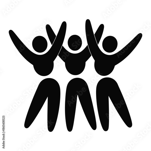 three people standing together with arms raised in celebration, vector illustration