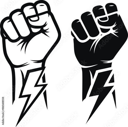 Two clenched fists with lightning bolts on wrists in black and white