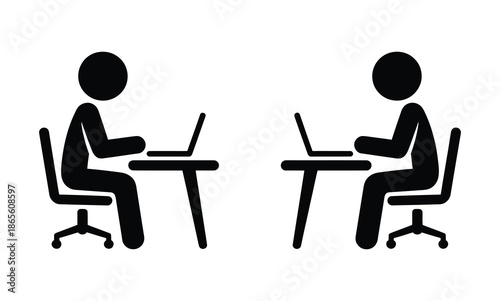 two people sitting at desks with laptops, vector illustration