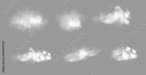 Realistic white fluffy clouds with fog or light smoke effect on a transparent background. Misty atmosphere element for overlaying on images, dramatic scenes or weather visual effects.