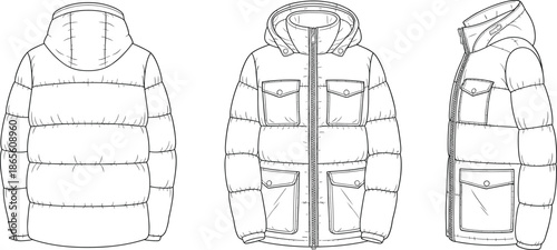 Cad drawing flat vector illustration, puffer jacket front side back view, fashion mockup, quilted design template, hooded garment layout