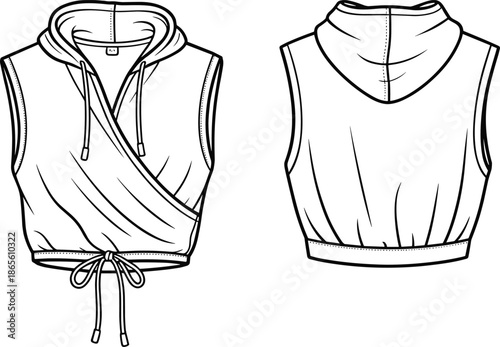 Cad drawing flat vector illustration, sleeveless cropped wrap hoodie design, fashion sketch,