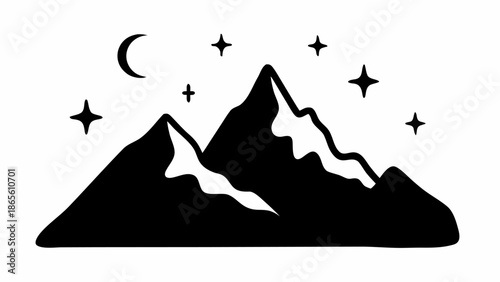 Majestic mountain range under starry night sky with crescent moon