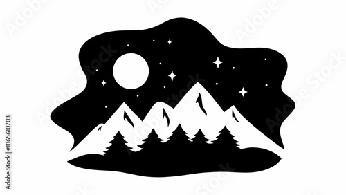 Stunning black and white mountain landscape with moonlit night sky