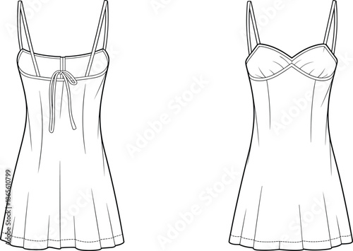 Cad drawing flat vector illustration, spaghetti strap dress front view, fashion mockup, sweetheart neckline design template, flared hem layout