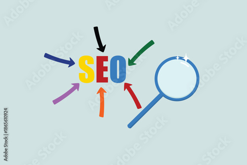 SEO (Search Engine Optimization) ranking concept, magnifying glass with arrow pointing to SEO letter abbreviation, idea to increase traffic to website.