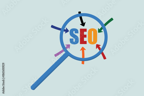 SEO (Search Engine Optimization) ranking concept, magnifying glass with arrow pointing to SEO letter abbreviation, idea to increase traffic to website.
