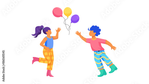 Two kids in vibrant outfits running and jumping while trying to catch colorful floating balloons in the air