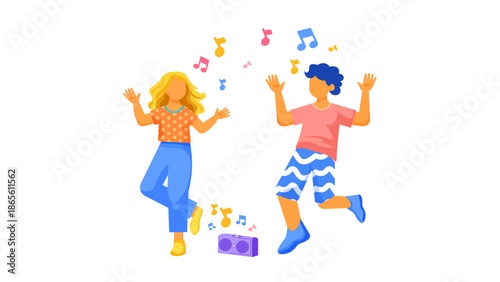 A boy and a girl jumping and dancing with joy around a boombox with colorful music notes floating in the air