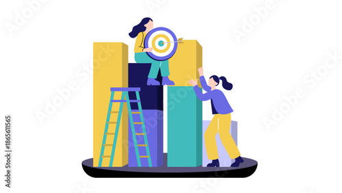 A business team working together to build a colorful bar chart and reaching a target with an arrow representing success and organizational growth