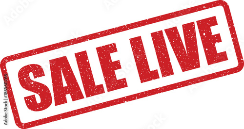 Distressed red rubber stamp with SALE LIVE message, indicating an active promotion or product launch