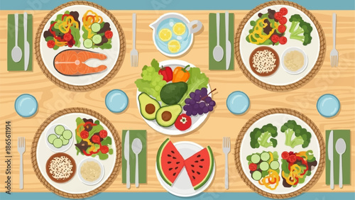 Healthy food spread on a wooden table with plates and water.