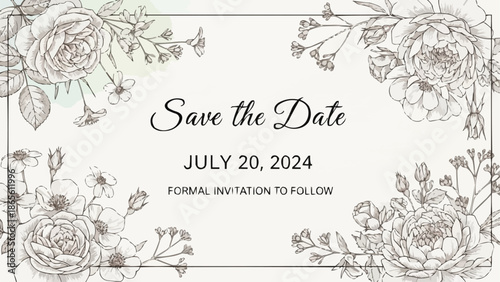 Elegant floral save the date wedding invitation with roses and greenery.