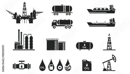 A collection of black and white icons representing the oil industry