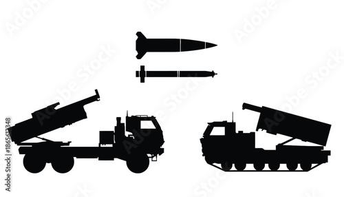 A collection of military vehicles and missiles in black silhouette form