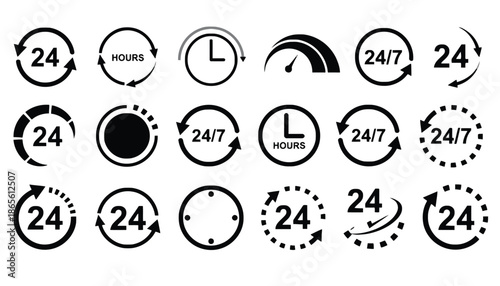 A collection of 24 hour and 24/7 service icons on a white background