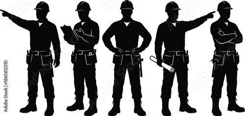 Construction Worker Silhouette Set Featuring Professional Builders Wearing Hard Hats and Tool Belts Holding Blueprints Clipboards and Pointing at Job Site