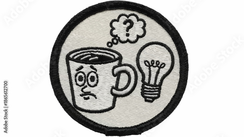 Confused Coffee Cup Next to Lightbulb Symbolizing Idea.