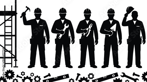 Vector silhouette of construction workers standing together with professional tools, hammers, wrenches and masonry trowels for building and industrial renovation project