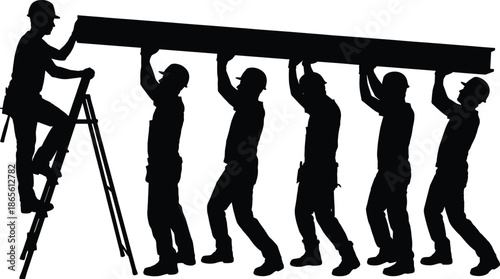 Black silhouettes of a construction crew working together to carry a heavy steel beam on a building site for industrial projects