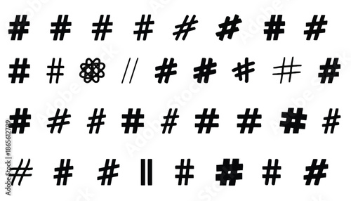 A collection of various black hash symbols on a white background