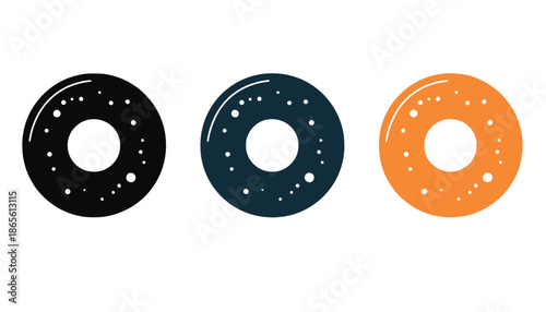 Three colorful donuts with sprinkles on a white background