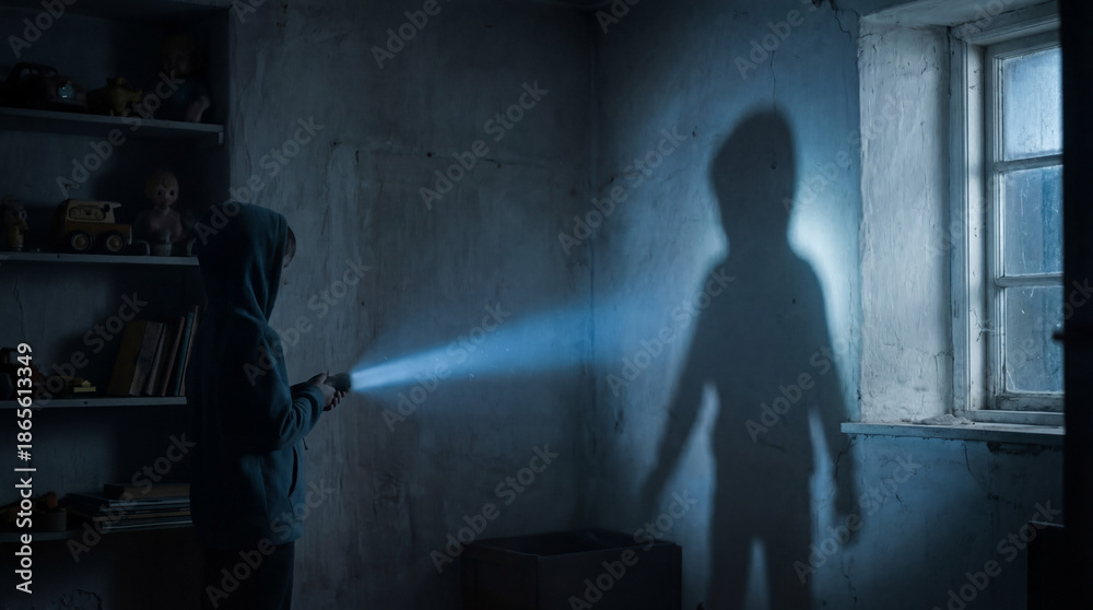Fototapeta premium Person in hoodie holding flashlight in a dark room. Large shadow cast on wall in old basement. Mystery and childhood imagination concept. Spooky atmosphere with low light