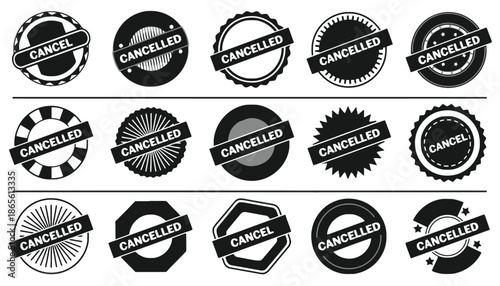 A collection of black and white cancelled stamps and labels