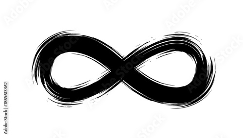 Hand drawn black ink infinity symbol featuring a rough dry brush stroke texture and artistic grunge style isolated on a white background, representing the concept of eternity and limitless continuity