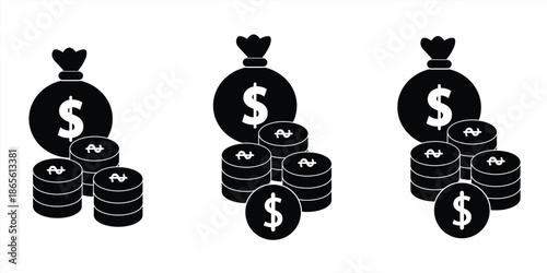 Money bag icon set. Dollar coin symbol. Money bag with dollar sign, vector illustration