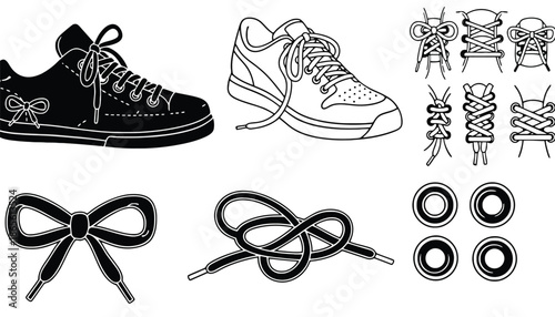 A collection of black and white illustrations of shoes and laces