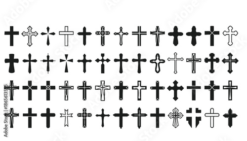 A collection of various black and white cross symbols on a plain background