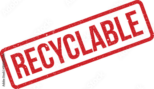 Grunge textured rectangular rubber stamp displaying the word recyclable, signifying eco friendly material status