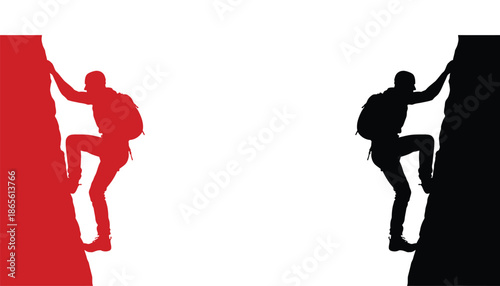 A silhouette of a man climbing a steep rock formation with determination