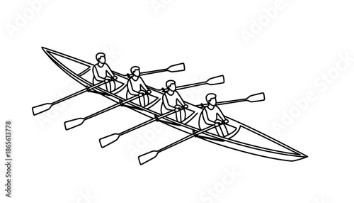 A group of people rowing in two boats with oars in sync