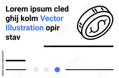 Coin vector with lines and placeholder text, paired with navigation dots. Ideal for finance, business, digital tools, websites, apps, monetary concepts, and a simple landing page