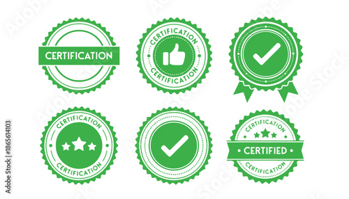 A collection of green certification badges and seals on a white background