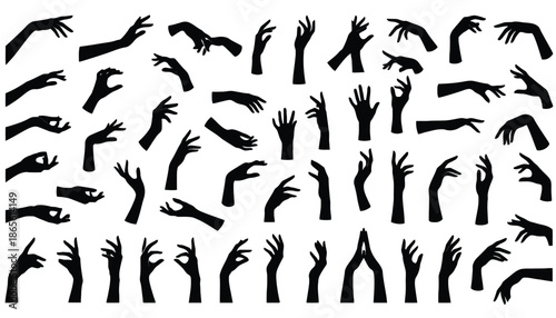 A collection of black hand silhouettes raised in various positions and gestures