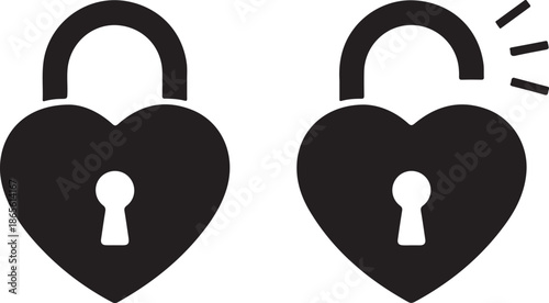 Black isolated icon of locked and unlocked heart shape lock on white background. Set of Silhouette of locked and unlocked heart shape lock. Flat design