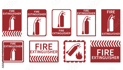 A collection of fire extinguisher signs on a white background
