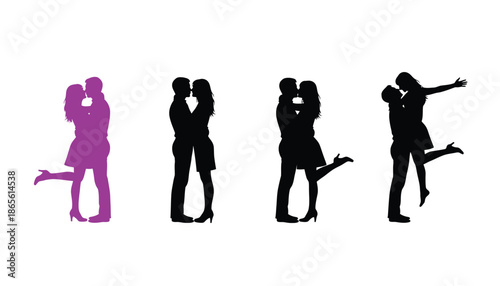 Silhouettes of romantic couples dancing and kissing in various poses
