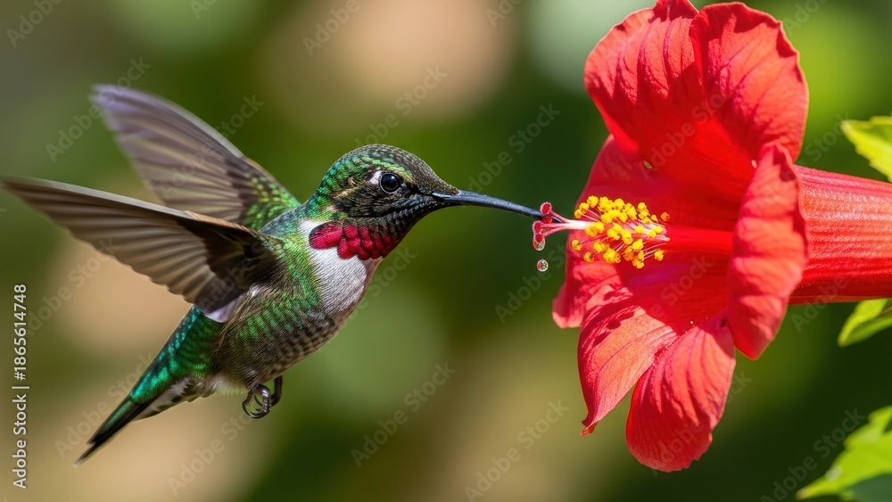 Obraz premium Ruby-throated hummingbird collecting nectar from a vibrant red hibiscus flower.