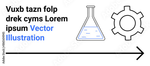 Flask holding liquid, gear wheel representing mechanics, arrow symbolizing forward movement, and editable text. Ideal for science, engineering, progress, workflow, innovation business simple