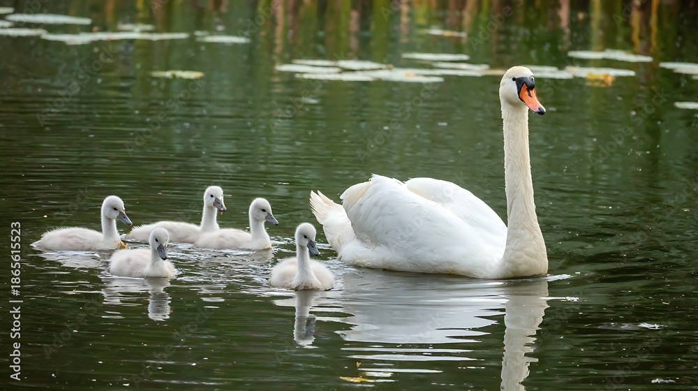 Fototapeta premium Mother swan gliding gracefully with her three fluffy cygnets on a serene lake in the early morning light