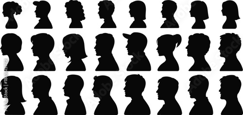 Collection of black silhouettes of people with different hairstyles and headwear