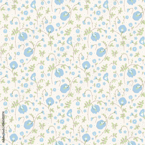 floral pattern. Small cute flowers garden on light background. Ditsy floral seamless pattern. Pretty small print. Light blue butterfly pea flower, surface design for fashion, wallpaper, textile,