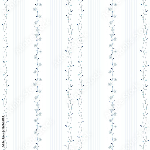 Stripe flower pattern in small design. Small flowers on stripe background. Ditsy floral seamless pattern. Pretty small print. blue flower surface design for fashion, fabric, wallpaper, textile